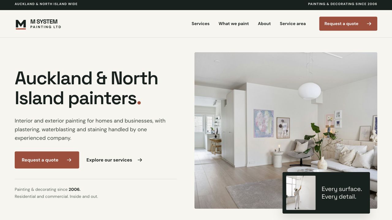 M System Painting website showing painting services and a request-a-quote action